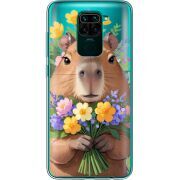 Прозрачный чехол BoxFace Xiaomi Redmi Note 9 Капибара з квітами